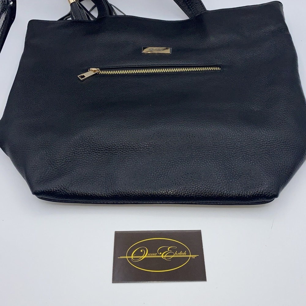 Onna Ehrlich Womens Large Tote Bag Black Pebbled Leather Gold Hardware Tassel